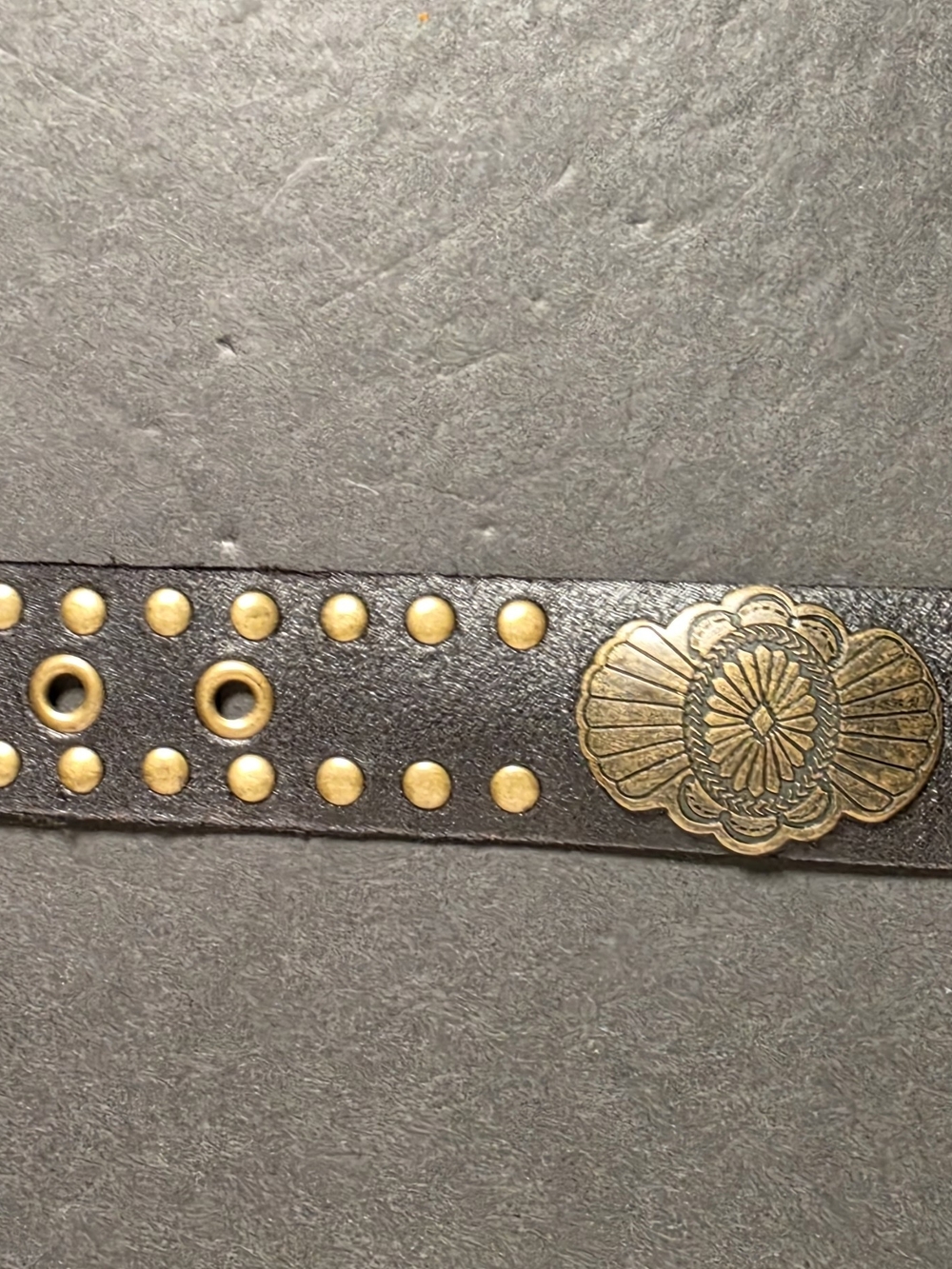 Black Studded Faux Leather Belt with Antique Brass Buckle - Picture 6 of 6